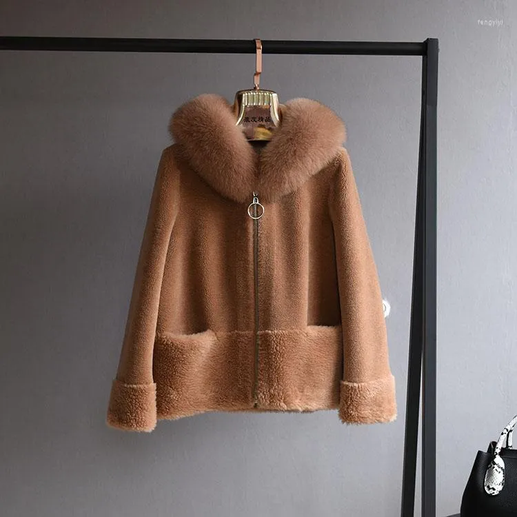 Manteau d'hiver en vraie fourrure pour femme, veste à col naturel, capuche, contenu en laine, vêtements d'extérieur tissés, Teddy polaire en peluche