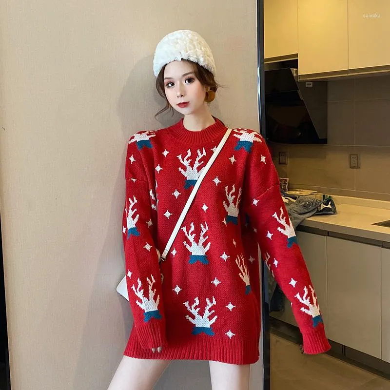 Kadın Sweaters Noel Elk Yılı kırmızı kazak gevşek kalınlaşmış kazak Japon Sokak Giyim Üstleri Knited Harajuku Kış Giysileri