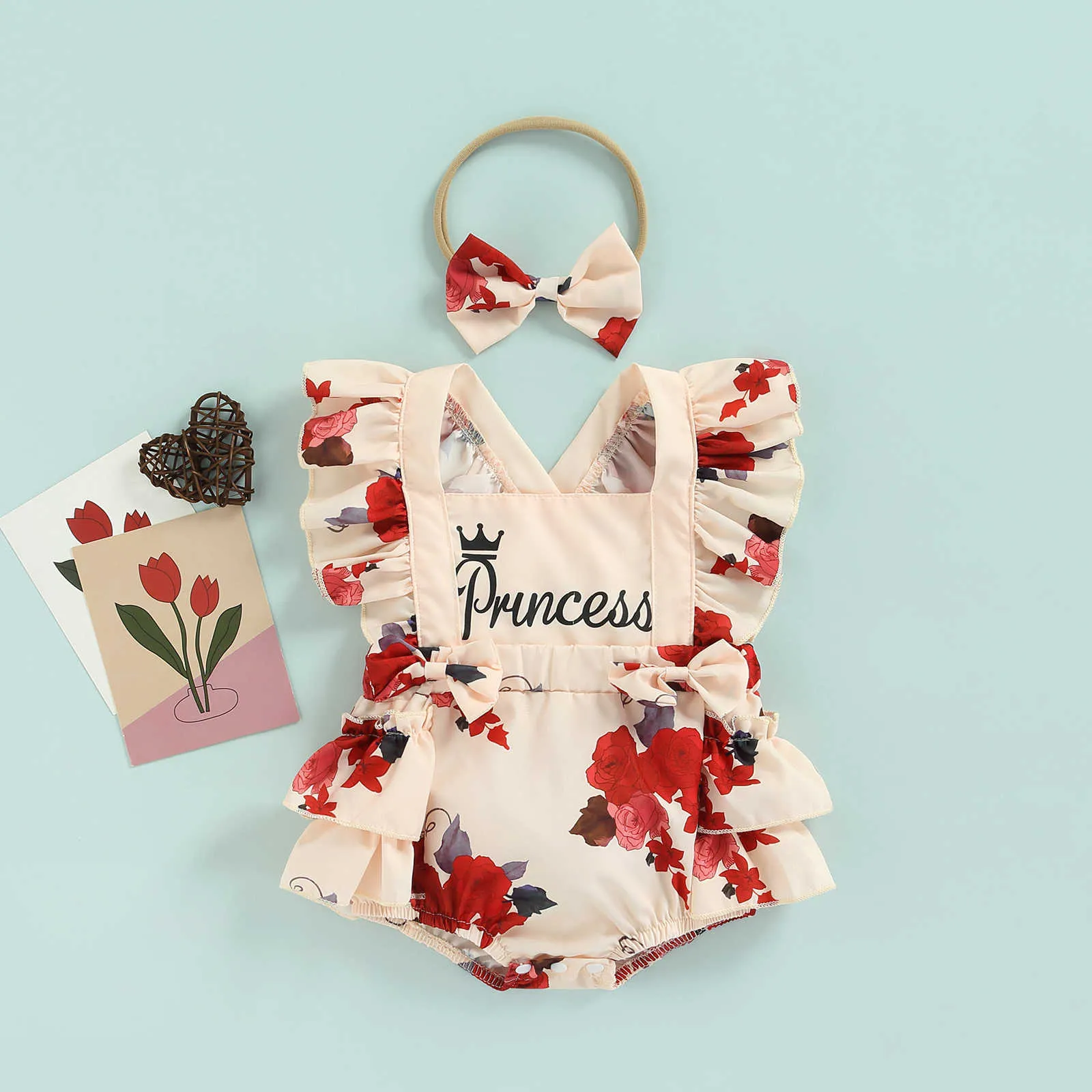 Mamelucos Niñas recién nacidas Trajes de dos piezas Estampado de flores Mangas voladoras Cuello cuadrado Mono Mono Arco Diadema Ropa de verano J220922