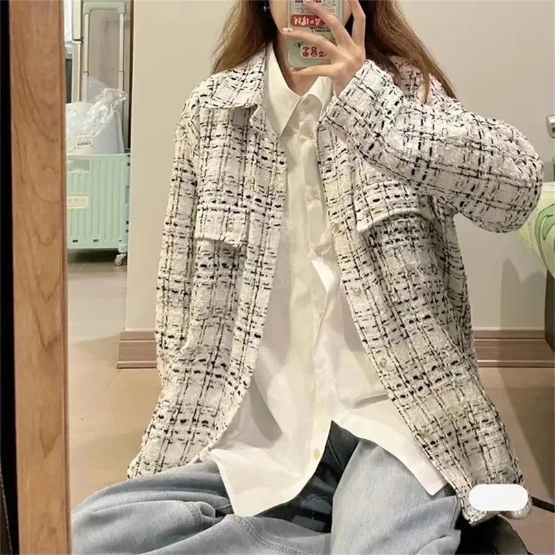 Femmes Vestes Blanc Tweed Veste Femmes Style Coréen Mode Élégant Unique Poitrine Haut De Gamme Manteau Automne Hiver Chaud Bureau Dame Casual Outwear 221007