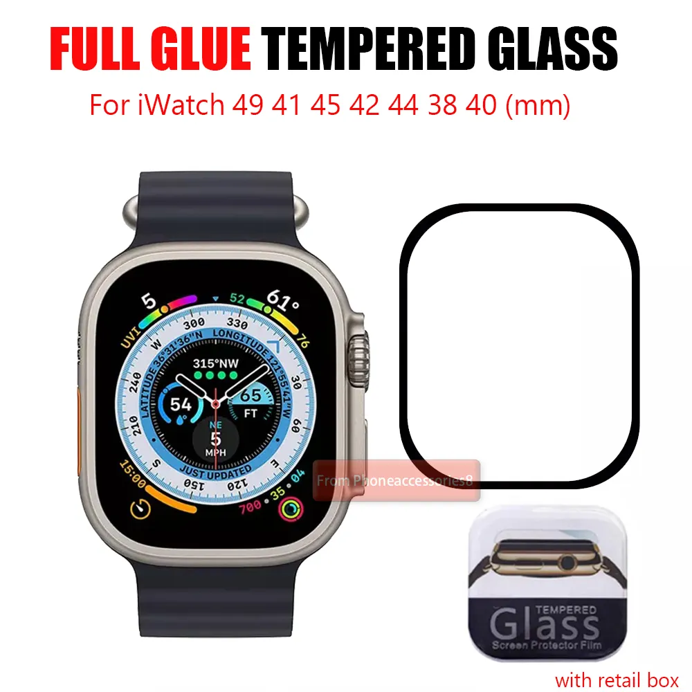 Schermbeschermer voor Apple Watch S8 S7 IWatch Ultra 49 45 41 40 42 38 44 Volledige lijmdekking Tempered Glazen schermbeschermers met retailpakket