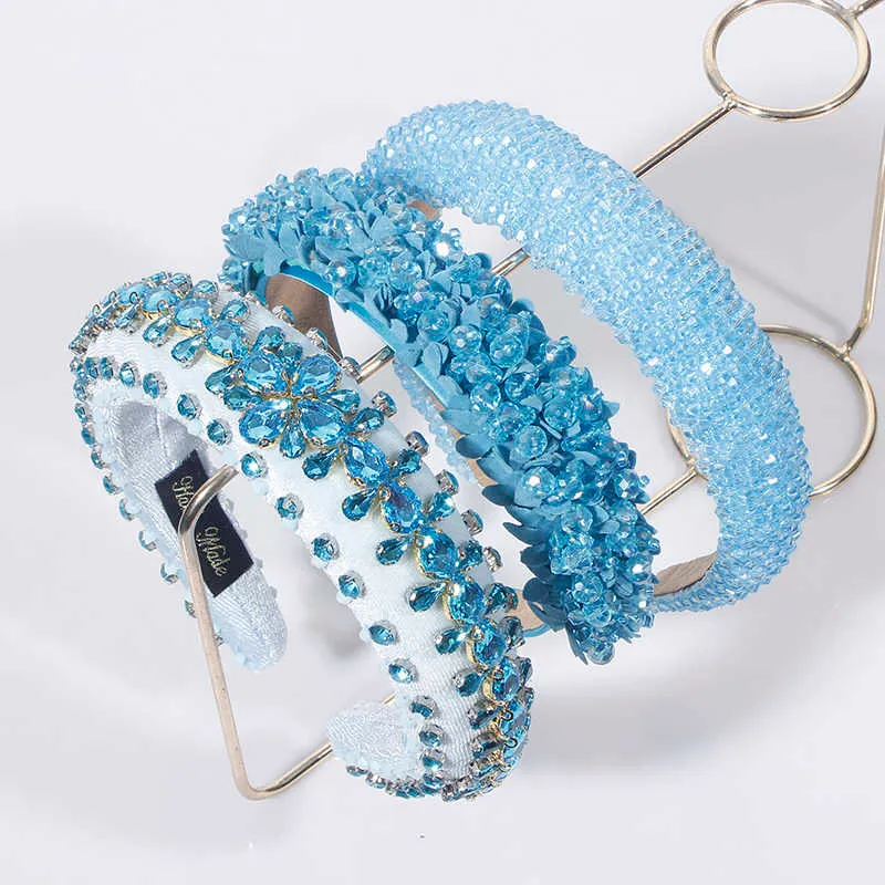 Stirnbänder Frauen Blau Stirnband Neue Mode Lässig Kristall Haarband Strass Gepolsterte Kopfbedeckung Turban Klassische Erwachsene Haar Zubehör T221007