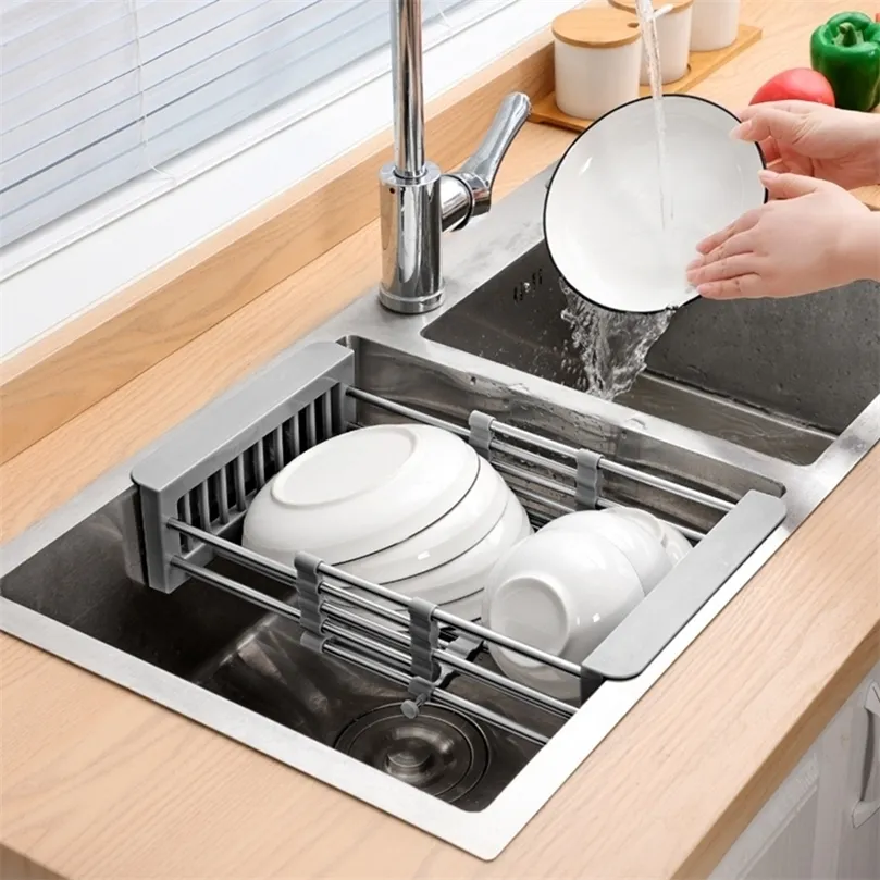 Other Kitchen Storage Organization 48cm Adjustable Stainless Steel Sink Rack Dish Holder Draining Fruits Drainer 221008