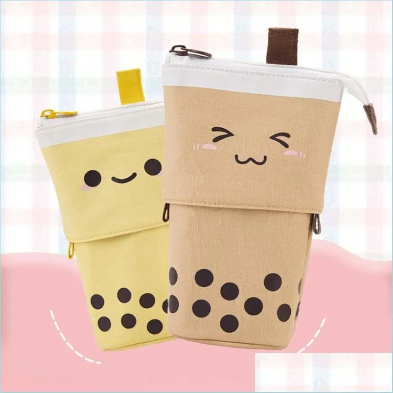 Pencil Cases Pencil Cases Korean Creative Cute Milk Tea Drop-Down Pen Bag Can Stand Retractable Round Cartoon Holder Storage Drop Del Dhrtz