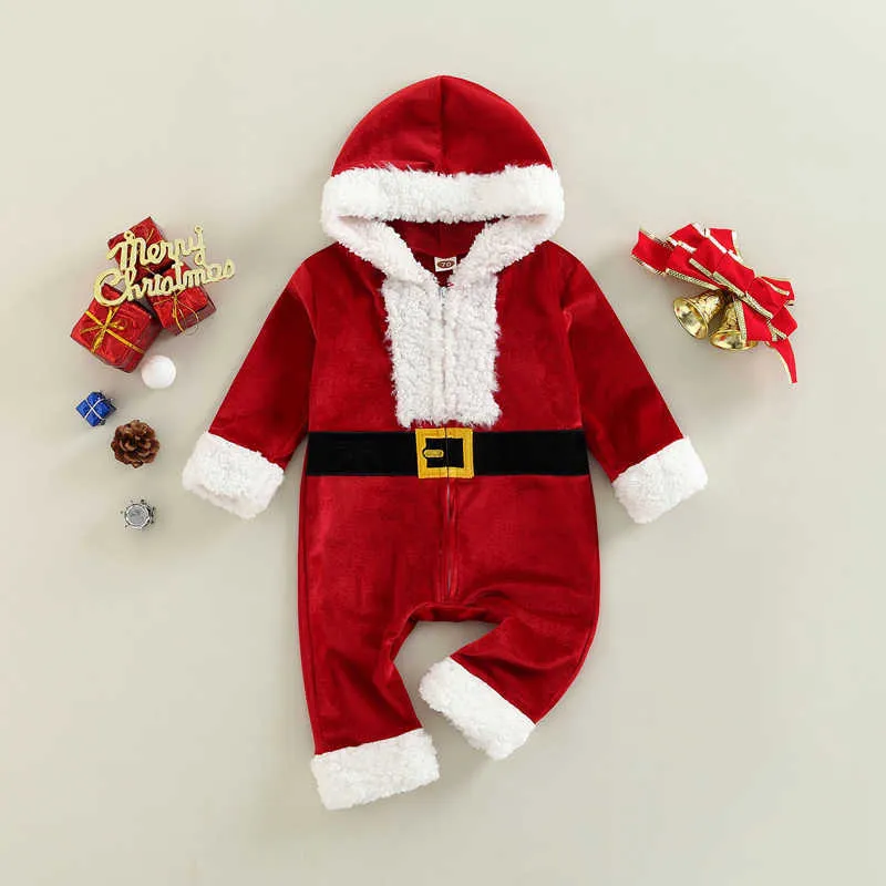 Rompers My 1st Christmas Newborn Baby Boys Girls Jumpsuit långärmad plyschbälte tryck Huven Romper Xmas Costume J220922