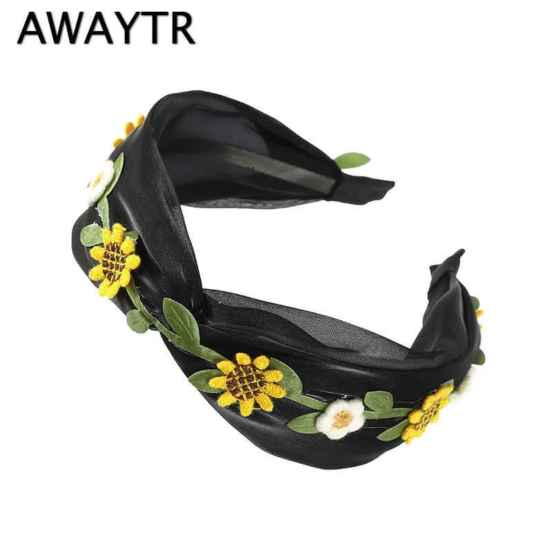 Headbands AWAYTR Rattan Sunflower Headbands Bezel Turban Elastic Cross Bow Hairbands for Women Hair Hoop Bands Girls Hair Accessories T221007