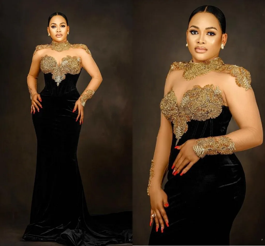 Aso Ebi Black Mermaid Prom Dresses gold Lace Beaded Crystals long sleeve Evening Second Reception Birthday Engagement Gowns