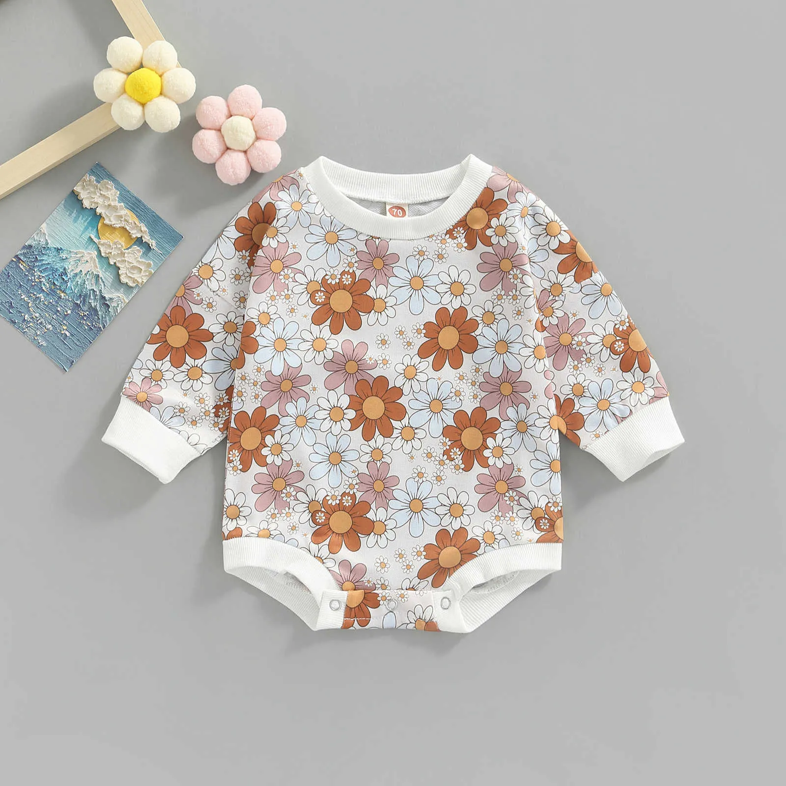 ロンパーズファッションの女の赤ちゃんロンパーズ秋のコットン長い袖の花柄の新生児ベビー服のベビー服ジャンプスーツ02y j220922