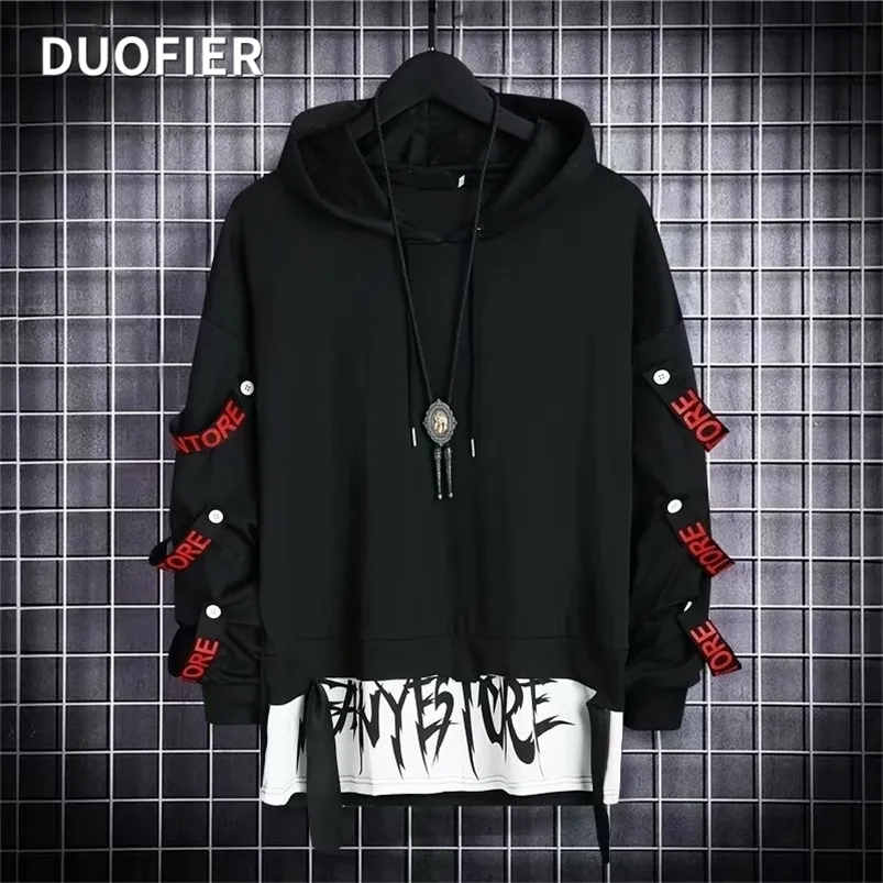 Sweats à capuche pour hommes Sweats à capuche pour hommes Sweat Automne Casual Noir Techwear Hip Hop Harajuku Hoodie Hommes Rubans Patchwork Japonais Streetwear Darkwear 221008