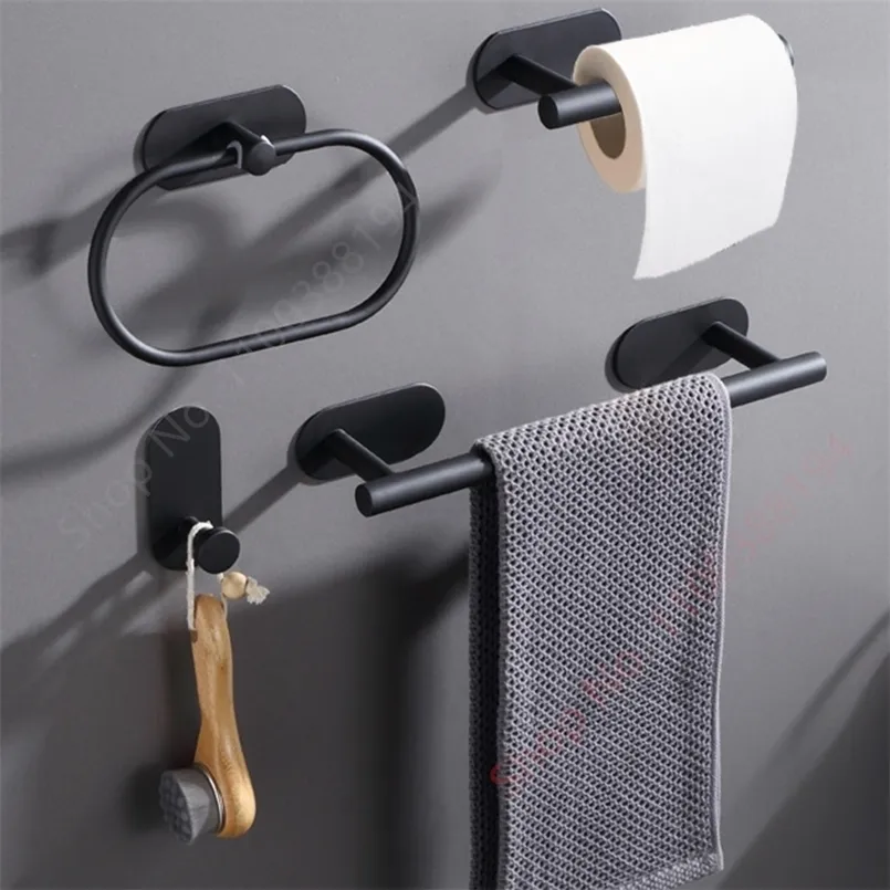 Toilet Paper Holders Wall Mount Towel Holder Adhesive Black Silver Kitchen Roll Stand Hanging Napkin Rack Bathroom Accessories WC 221007