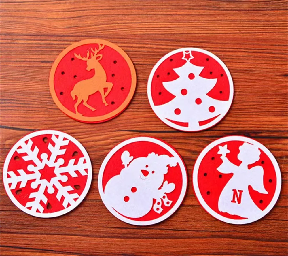 Wholesale Mats Pads Christmas Felt Snowflake Coasters Decorations snowman for Drinks Bar Cups Glass Table KD1