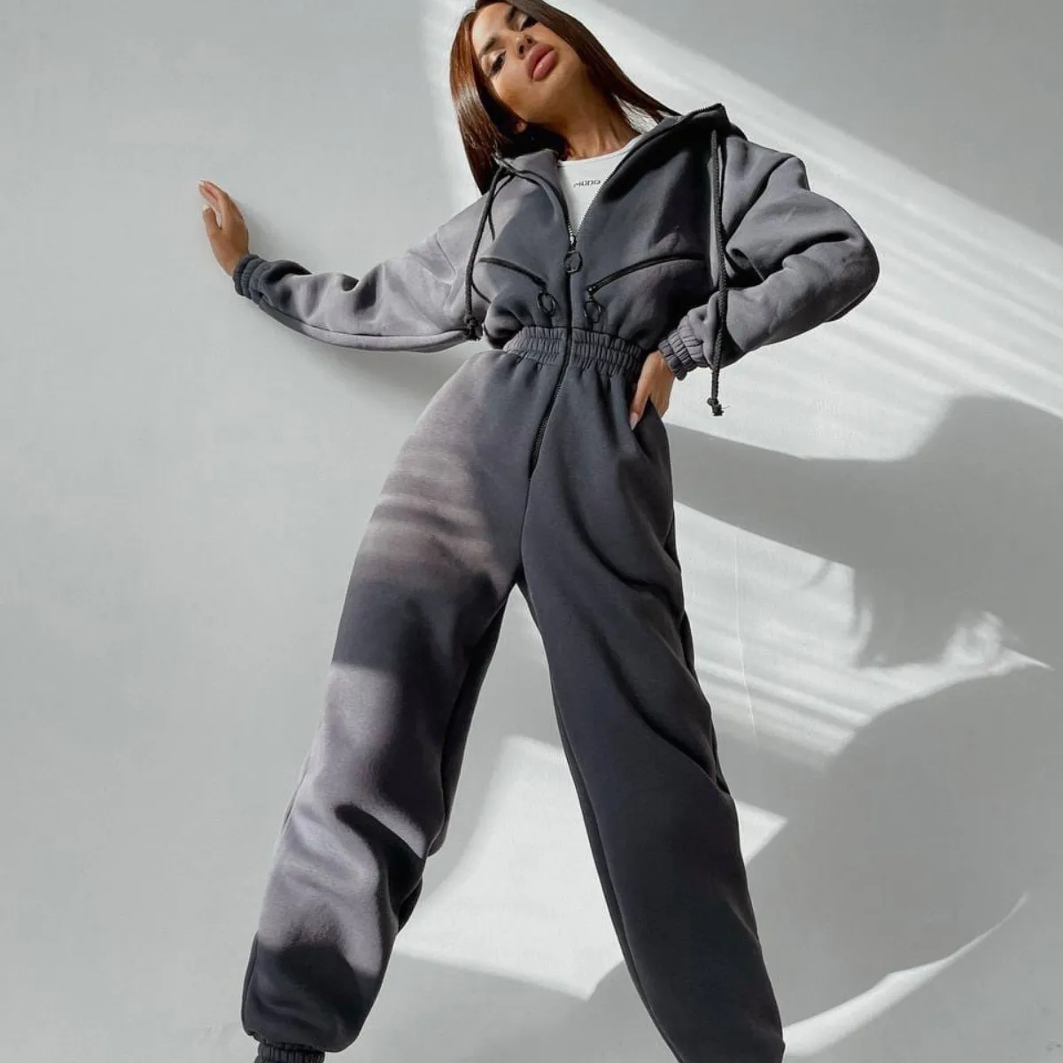 Dames basic hoodie jumpsuit ritssluiting trekstring algehele tracksuits hoge taille elasticiteit streetwear tracksuit rompers casual één stuk outfit