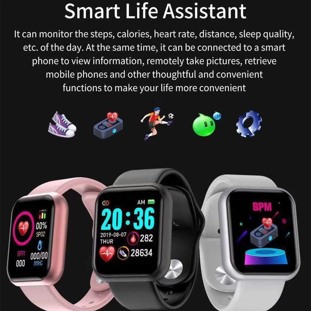 Bileklikler Y68 D20 Bluetooth Smart Watch Su geçirmez Spor Fitness Tracker Akıllı Bileklik Kan Basıncı Kalp Hızı Monitörü Akıllı Uçağı Yardımcı Tür