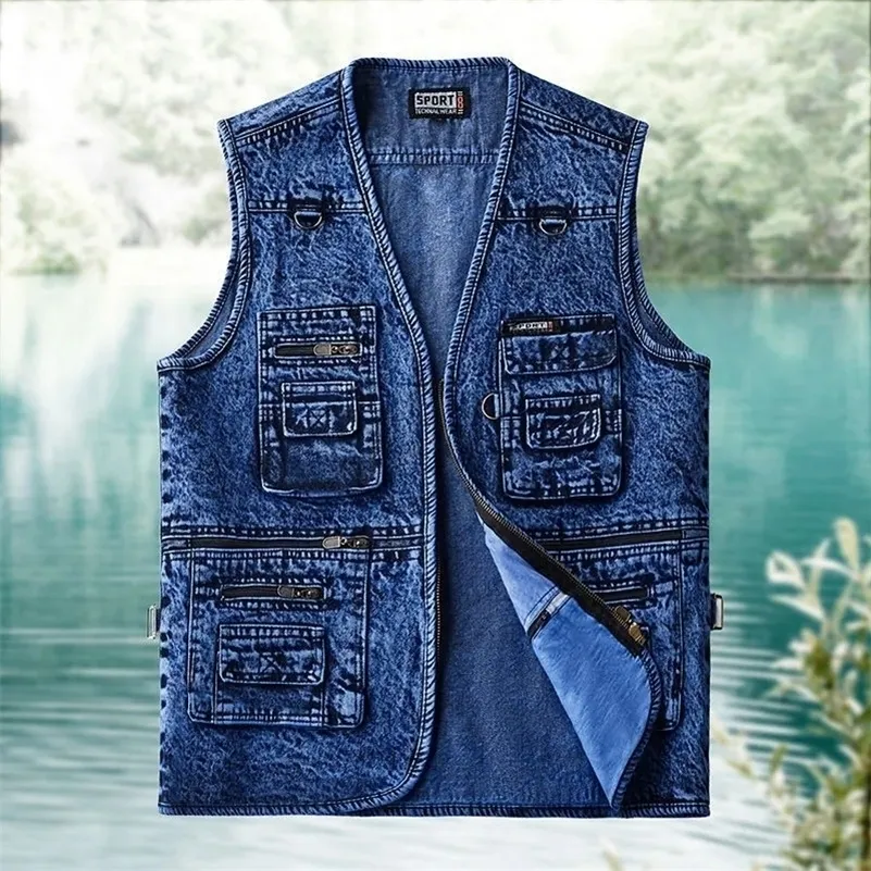 Mäns västar män väst denim Waistcoat Jacket Deep Blue Male Sleeveless Coat Spring Autumn Multi-Pocket Jeans Gilet Outwear Chalecos 221008