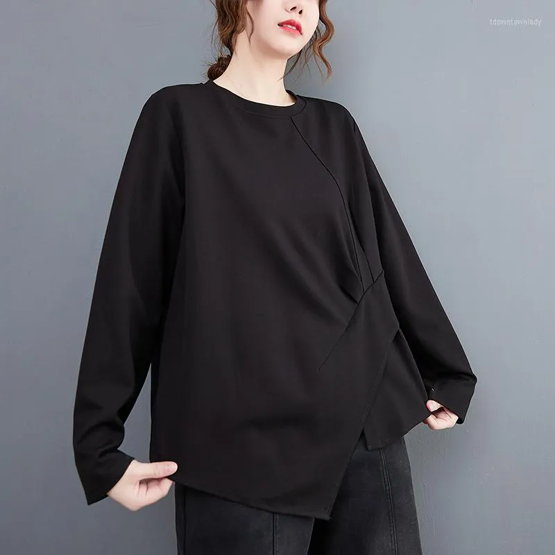 Women's T Shirts Dark Black Irregular Chic Girl's Fashion Autumn Tops Winter Basic Tshirts Women Spring Casual T-shirt Lady Work Shirt