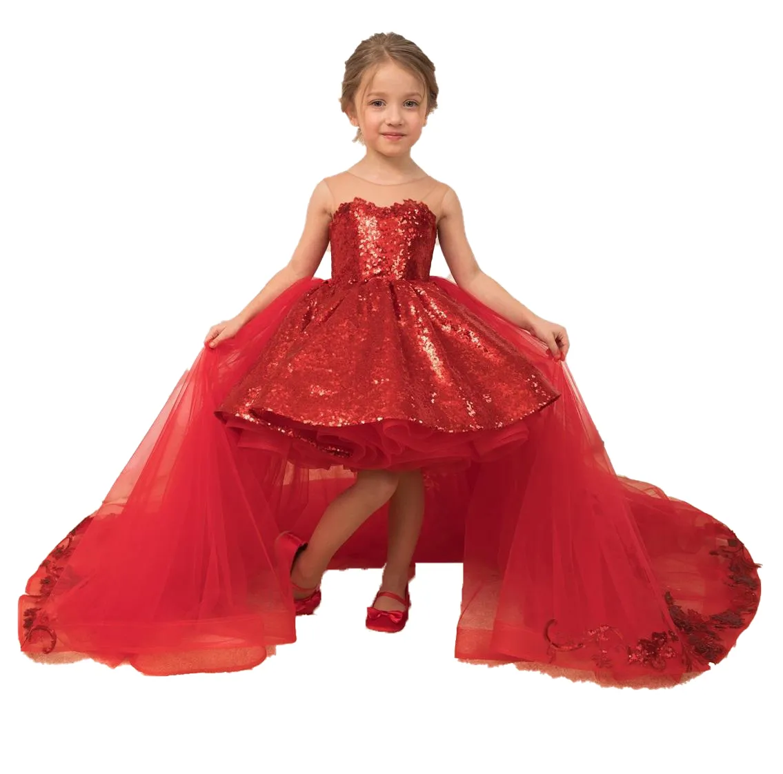 Sparkle Sequins Little Girls Pageant Dresses 2023 Removable Tulle Train Ballgown Hi Lo Kids Christmas Birthday Cocktail Party Gowns with Bow Custom Made High Low Red