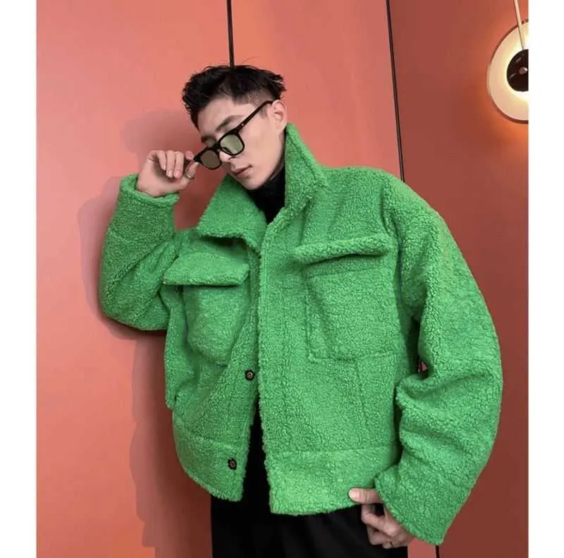 Men`s Fur Faux Fur Men`s Winter Jackets Green Wool Coats Korean Style Hip Hop Oversize Fashion Parka Single Breasted Men`s Casual Clothing T221007