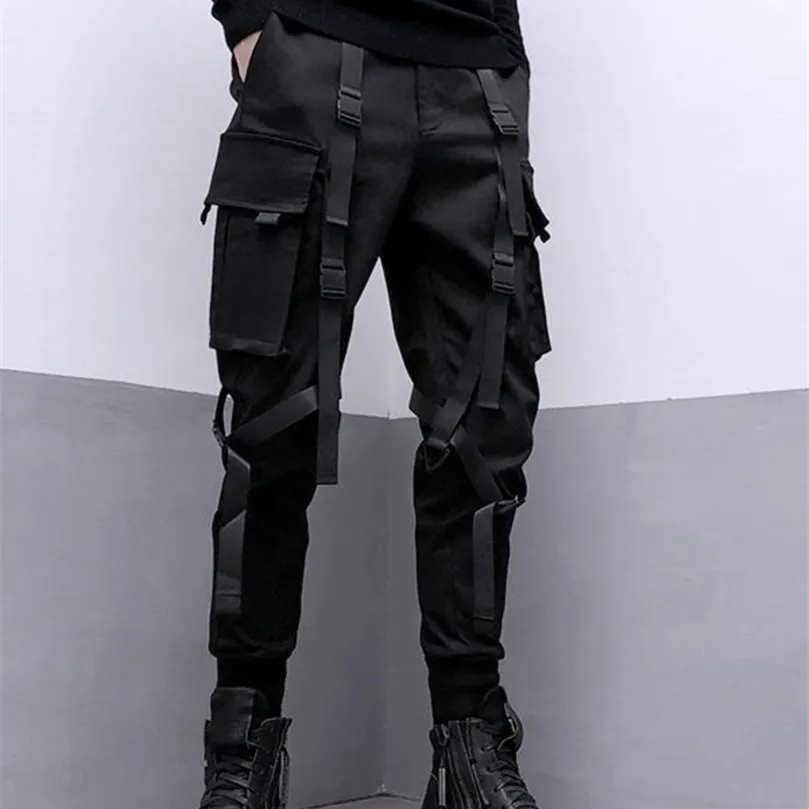 Mens Pants PFNW Darkwear Safari Style Webbing Spliced Cargo Pants Men High Street Streetwear Elastic Waist Slim Tactical Techwear 12A1634 221007