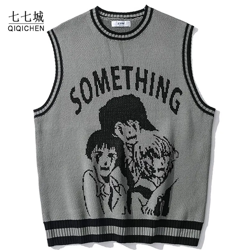 Heren truien college gebreide vest mannen dames street hiphop casual band cartoons anime patroon o-neck mouwloze tops 221007