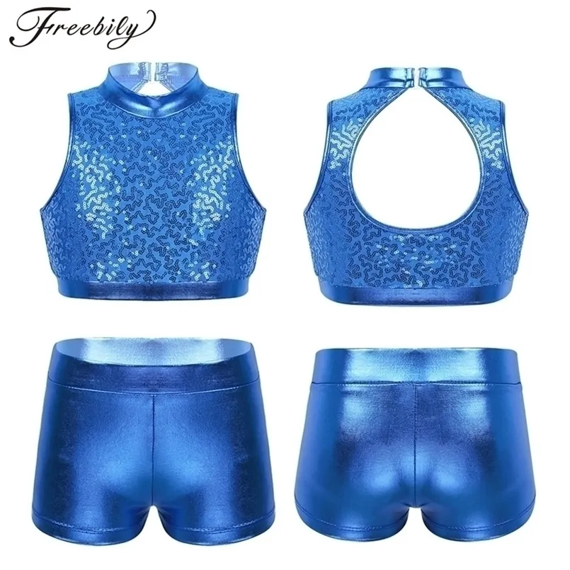 Dancewear Paillettes Enfants Filles Jazz Danse Costumes Ballet Gymnastique Justaucorps Shorts Ensemble pour Anniversaire Cadeau Classe Performance Vêtements 221007