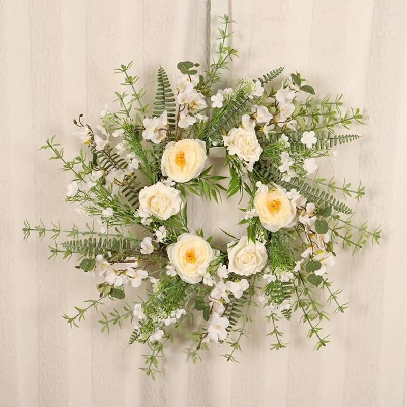 Decorative Flowers 50cm Artificial Tea Bud Floral Garland Simulated Silk White Camellia Wreath For Living Room Bedroom Kitchen