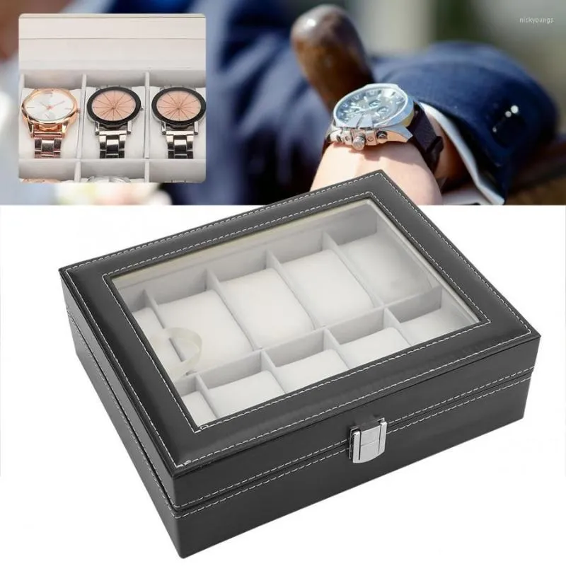 Watch Boxes Portable PU Leather Flannel Lining Glass Cover Bag 10 Slots Jewelry Display Case Storage Holder Box Organizer