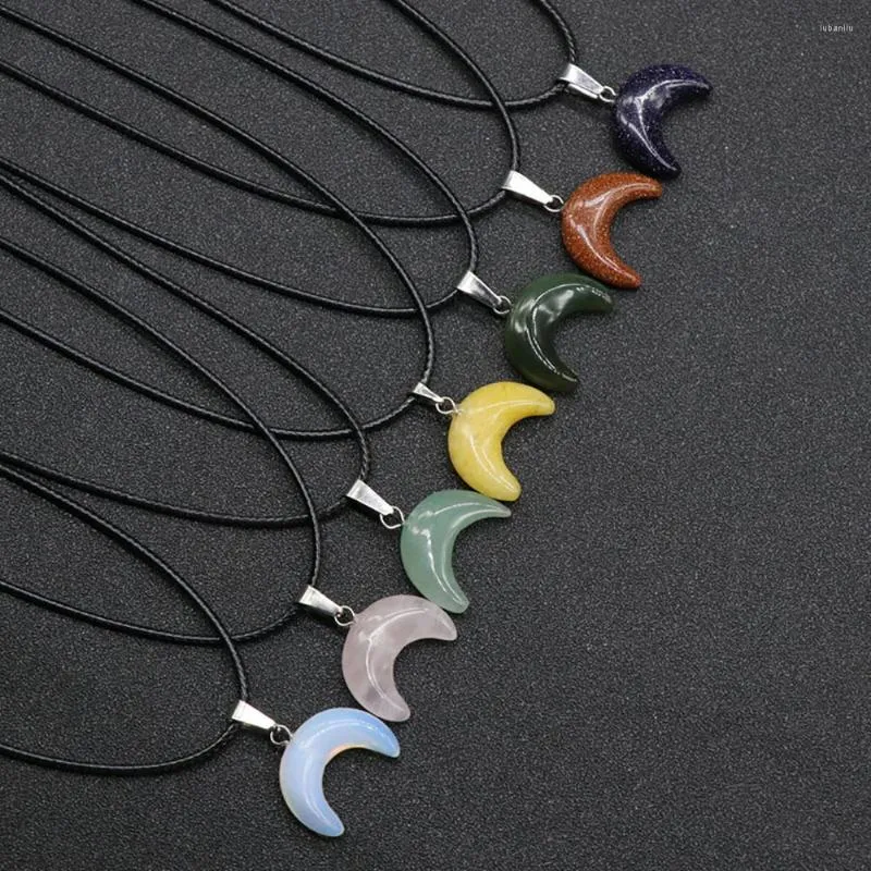 Chains 45cm Natural Moon Shape Agates Tiger Eye Rose Quartzs Malachite Stone Leather Rope Pendant Women Jewelry Necklace Size 14x20mm