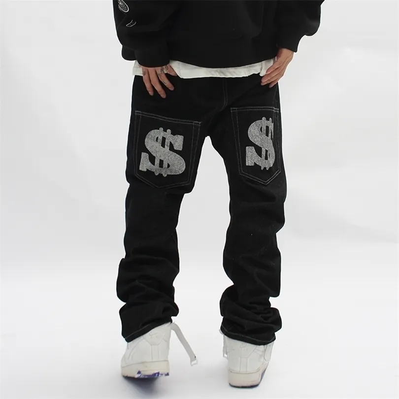 Jeans da uomo Jeans abbronzanti con stampa dollaro posteriore per Mem Harajuku Streetwear Pantaloni di jeans casual strappati retrò dritti Pantaloni jeans lavati larghi 221008