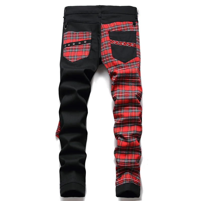 Moda vermelha xadrez jeans retalhos punk zíper calças lápis dos homens y2k fivela hip hop gótico magro denim calças pantaloni uomo231m