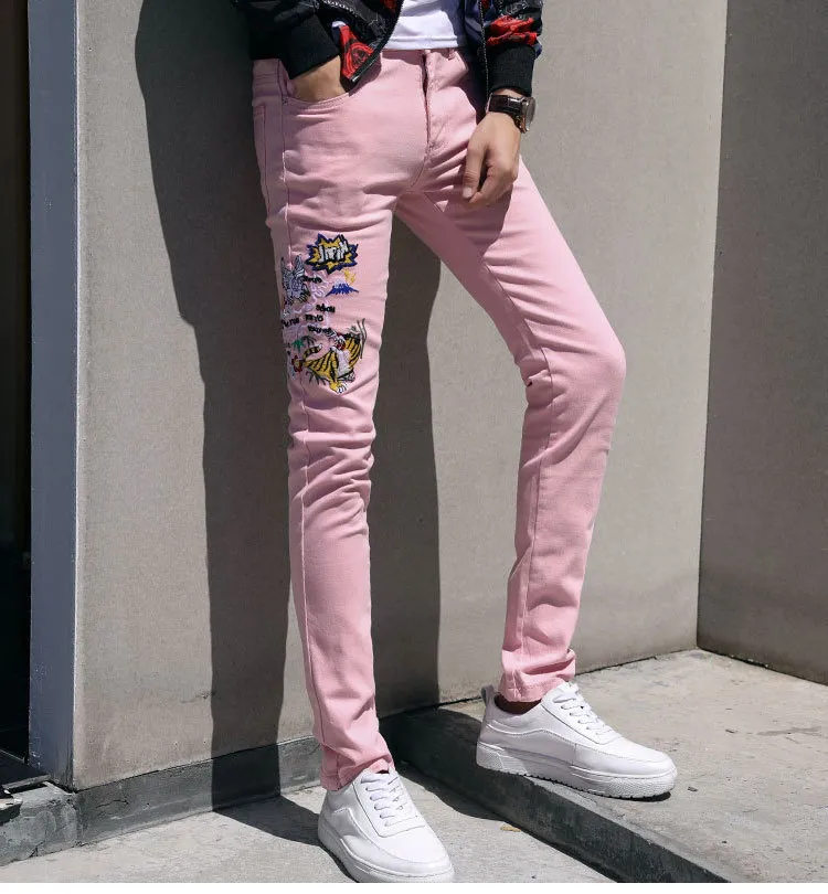 Men's Slim Fit Embroidered baggy jeans in Pink, Yellow, and 