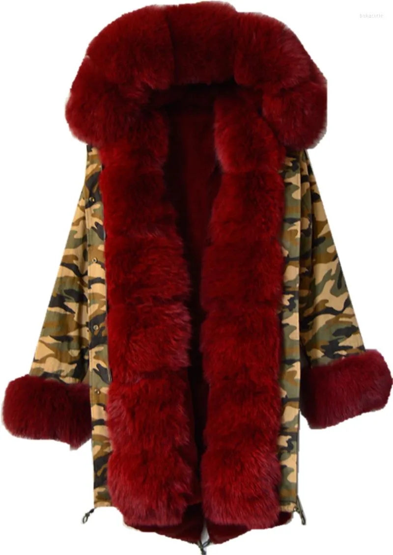 Pelliccia femminile polsini lussuosi mimeti di camouflage vino rosso rivestito da donna cappotto invernale