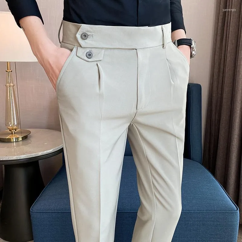 Men's Suits Men's & Blazers Men High Waist Casual Dress Pant Belt Design Slim Trousers Formal Office Social Wedding Party Suit Pants