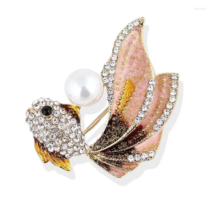 Brooches 2 Colors Cute Color Goldfish Brooch Fashion Pearl Fish Rhinestone Sea Animal Party Office Pins Gifts