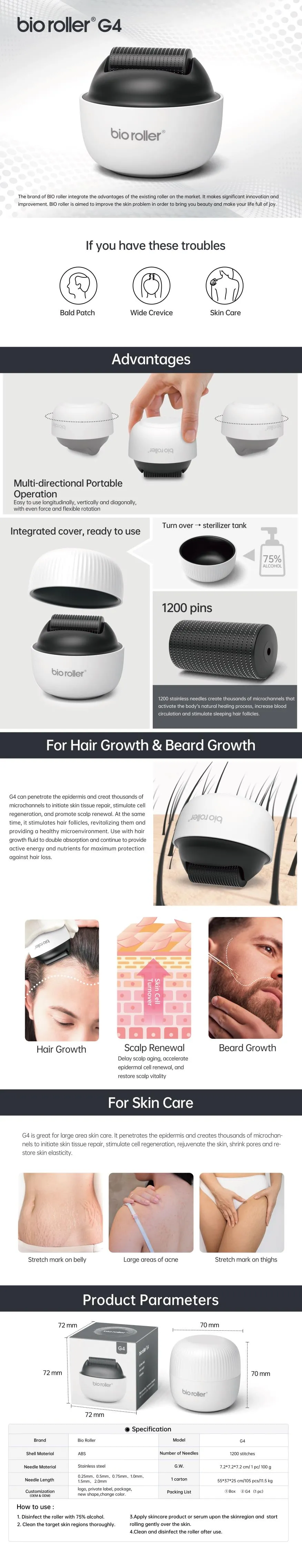 Bio Roller G4 Microneedle Roller 1200pin Needles For Bear Hair Growth Skin Care Bio Roller G4 Microneedle Roller 1200pin For Bear Hair Growth - Honkay microneedle roller 1.0 mm,microneedling roller 1.0 mm for face,bio roller,microneedle roller for scalp hair growth,bio roller g4