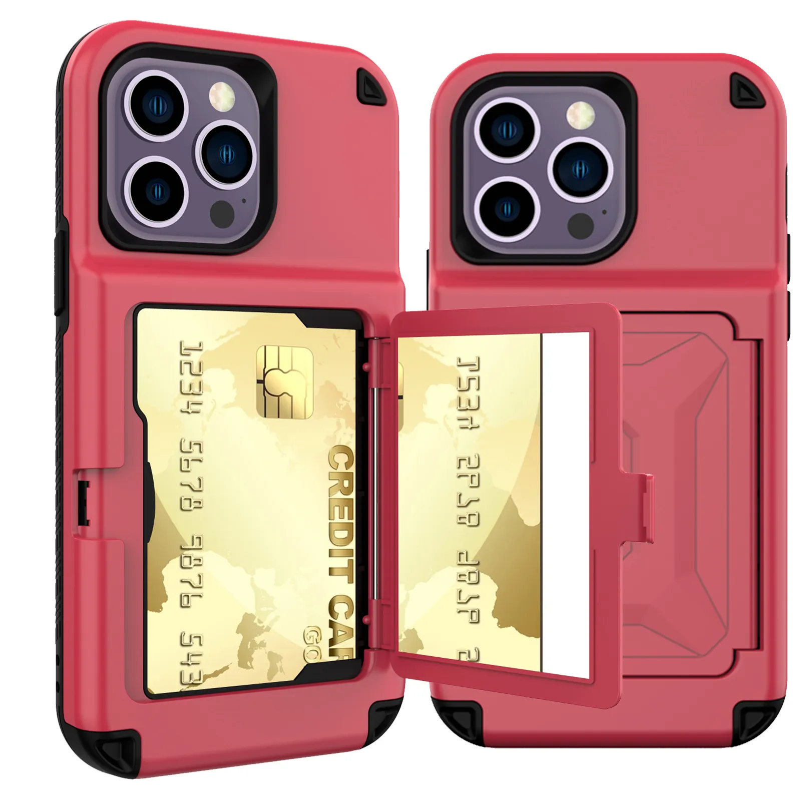 Hybrid-Slide-Card-Slot-Halter, Spiegelhüllen für iPhone 14 Pro Max 15, Stand-Wallet, harte Rückseite