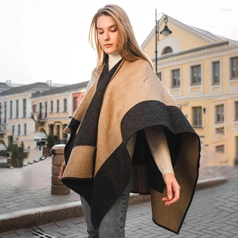 Premium Wool Poncho Shawl with Sleeves Reversible Wrap Scarf for