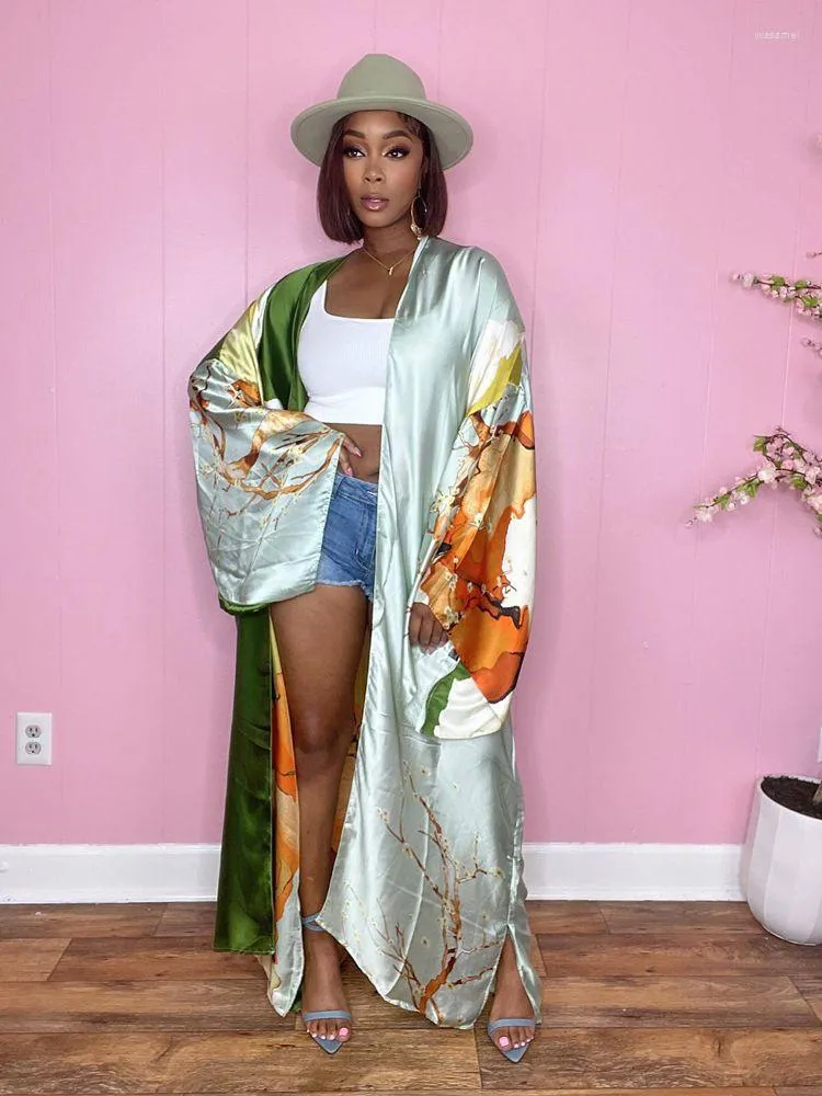HAOYUAN Womens Satin Kimono Blouse Fashion Print Long Sleeve