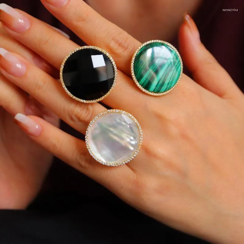 Cluster Rings Miqiao 2022 Stone Women Malachite 925 Серебро с черным раковином Onyx Регулируемые аутентичные ювелирные изделия стерлингов