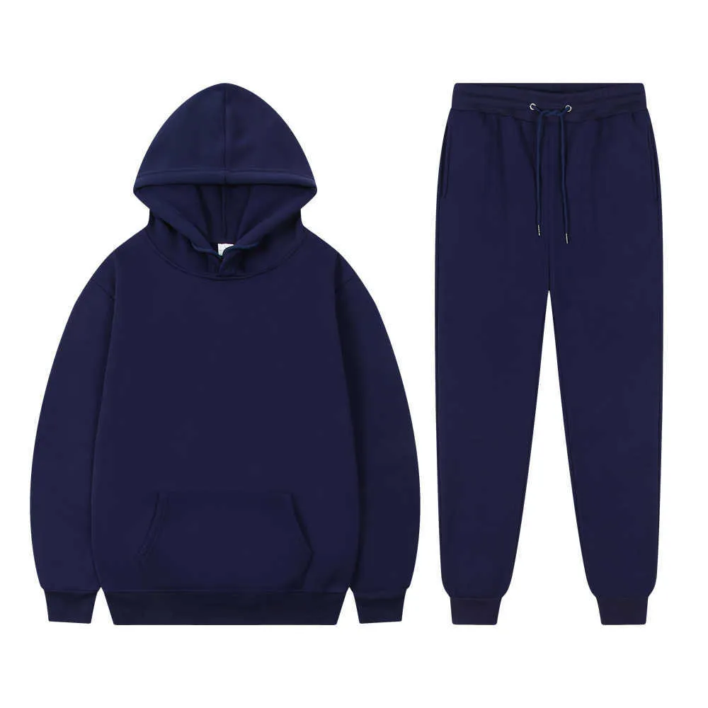 Herrspårsräder nya fleece jogger sport kostym kvinnliga spårdräkt huvtröjor avslappnad fast färg tjock pullover och lång byxa 2-stycke set hösten g221007