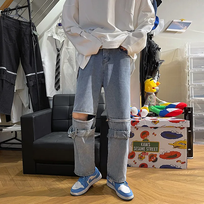 Męskie dżinsy męskie dżinsy męskie odłączane myszy zamek błyskawiczne Wysokiej jakości Studenci Allmatch Streetwear Casual Proste Denim Pants 221008