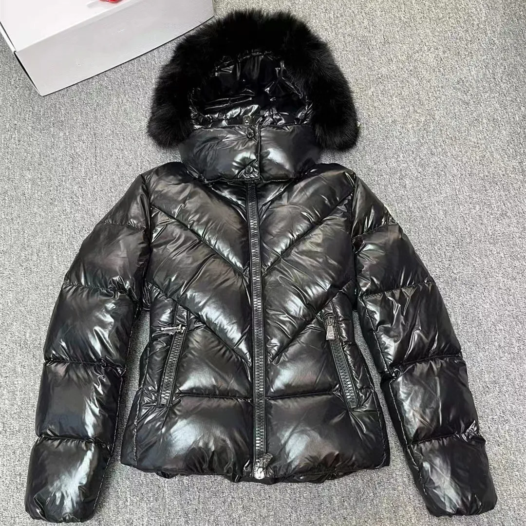 Dam Svart dunjacka Sko Designer Vinterkappa Avtagbar Pälshuva Långärmad dunfylld Quiltad Parka