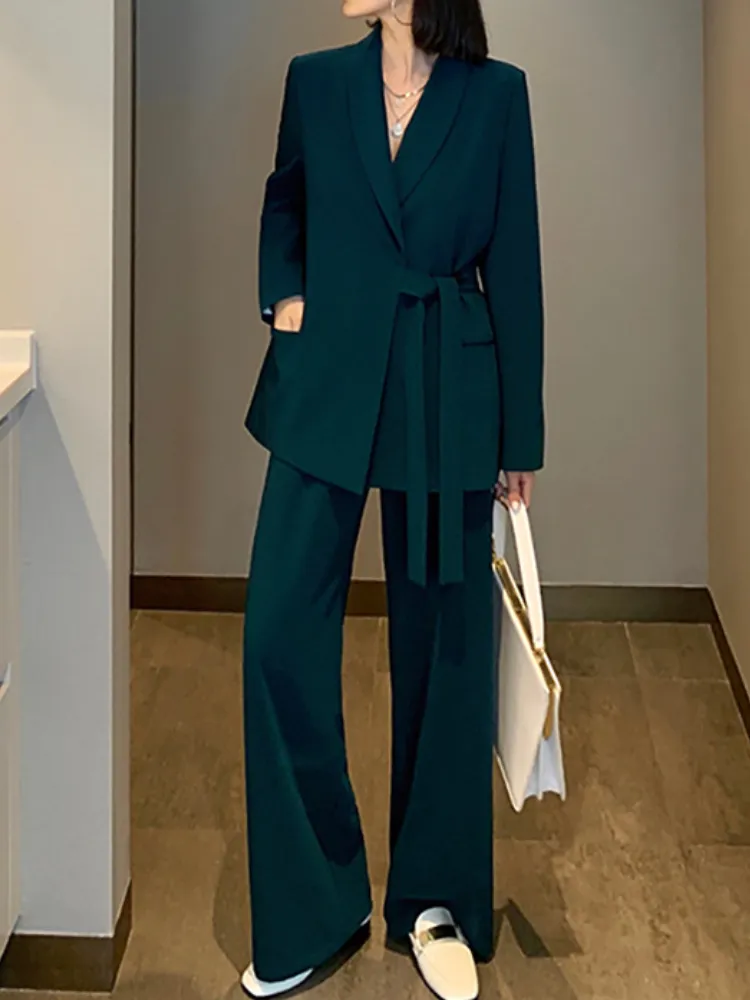 Black Womens Casual Suit Set With Long Sleeve Belted Dress Jackets For Women  And High Waist Wide Leg Pants Perfect For Office And Formal Occasions Style  221008 From Mu01, $42.91