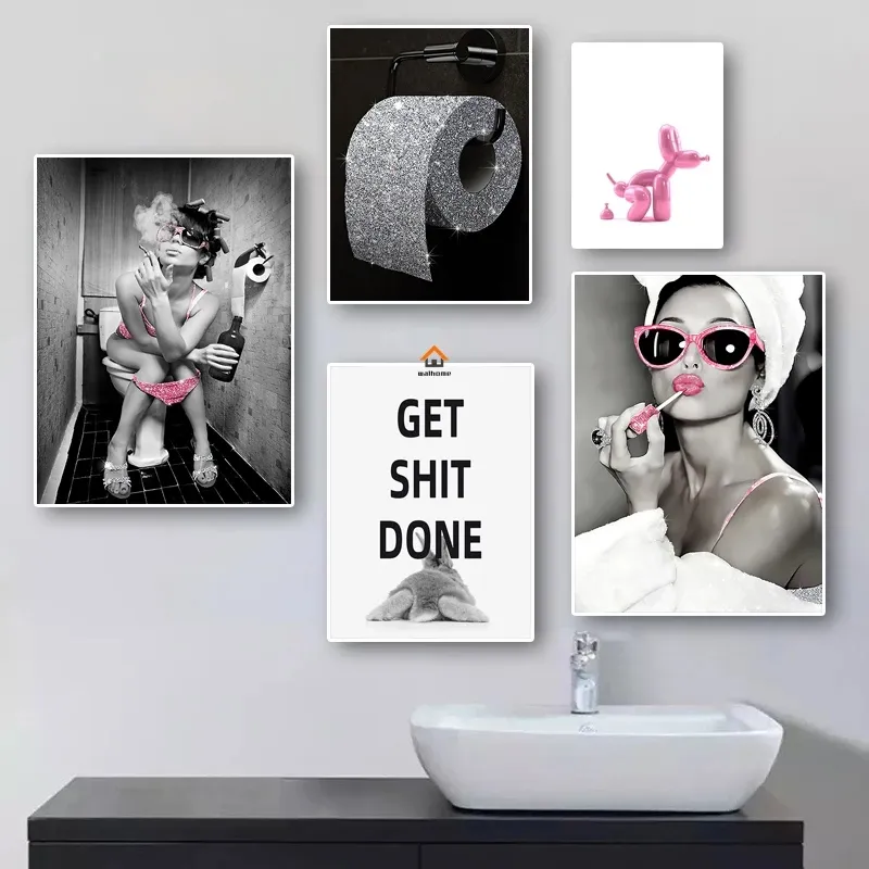 Leinwandgemälde, Aquarell, WC, Toilette, Poster, Dekoration, Mode, sexy nackte Frau, dekorative Gemälde, glitzerndes Rollenpapier, Leinwand, Wandkunst, Bilder für Badezimmer