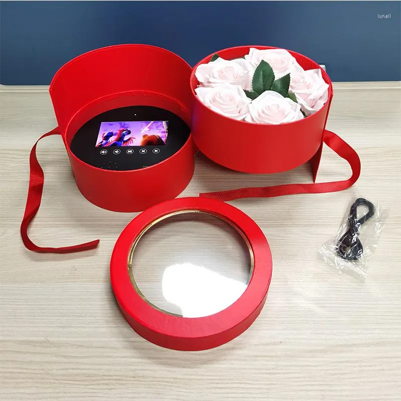 Present Wrap Valentine's Day Premium Round Cylinder Packaging Double Layer Flower Boxes Screen Video LCD Box Advertising Anpassad