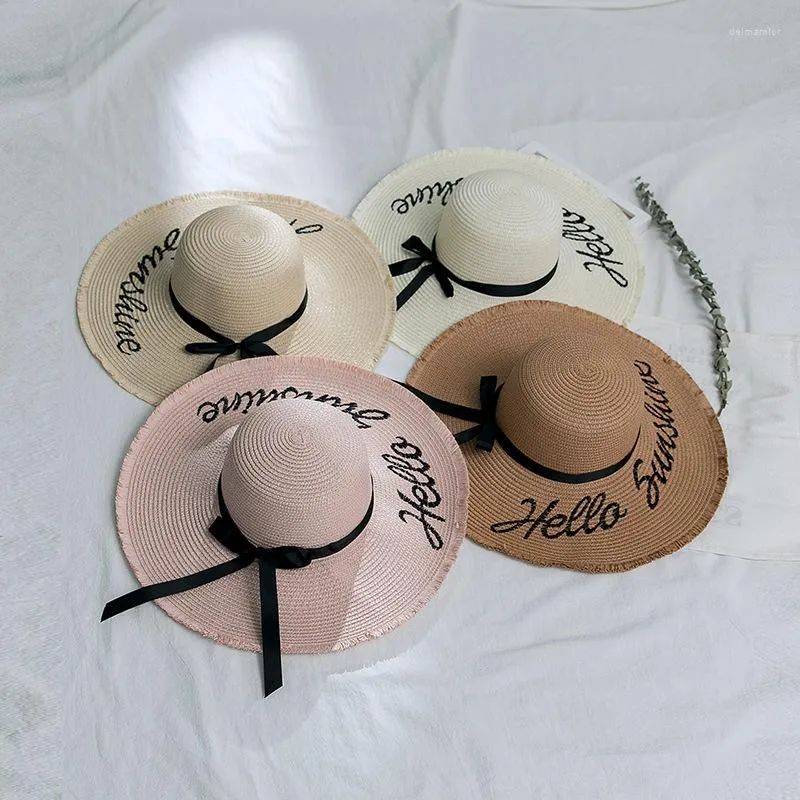 Wide Brim Hats Foldable Straw Sun For Women Elegant Black Ribbon Lace Up Beach Hat Panama Summer Dome Holiday Bucket Caps