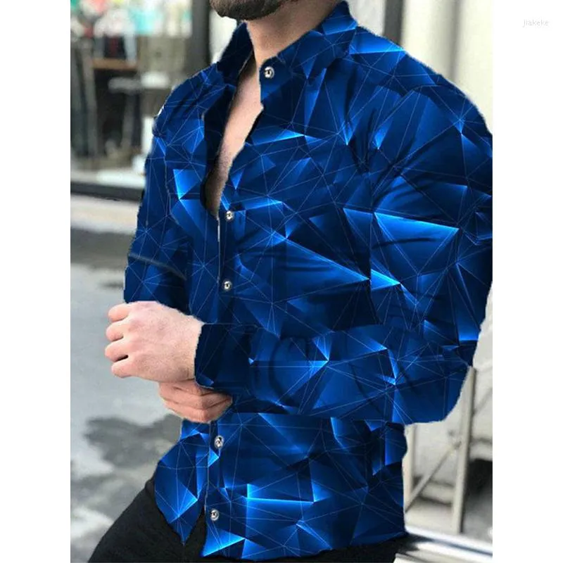 Men's Casual Shirts Fashion Social Men Spring Turn-down Collar Buttoned Shirt Geometric Print Long Sleeve Tops Mens Clothing Cardigan