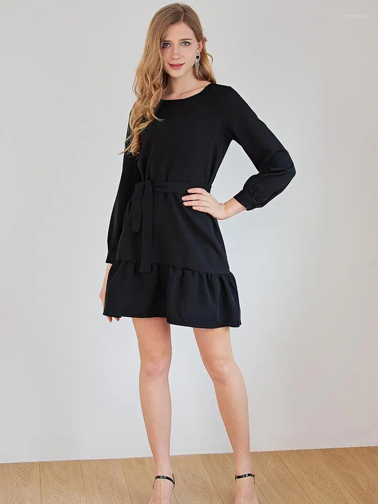 Robes décontractées Robe d'été pour femmes noires Volants élégants Lâche pour femmes Streetwear Chic Robe à manches lanternes Vêtements féminins