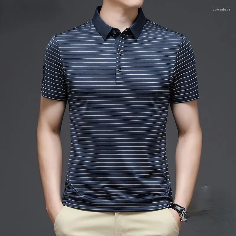 Men's T Shirts Mulberry Silk T-shirt Men 2022 Summer Short-sleeved Tees Men's Casual Striped Polo Shirt Lapel Ice M-4xl