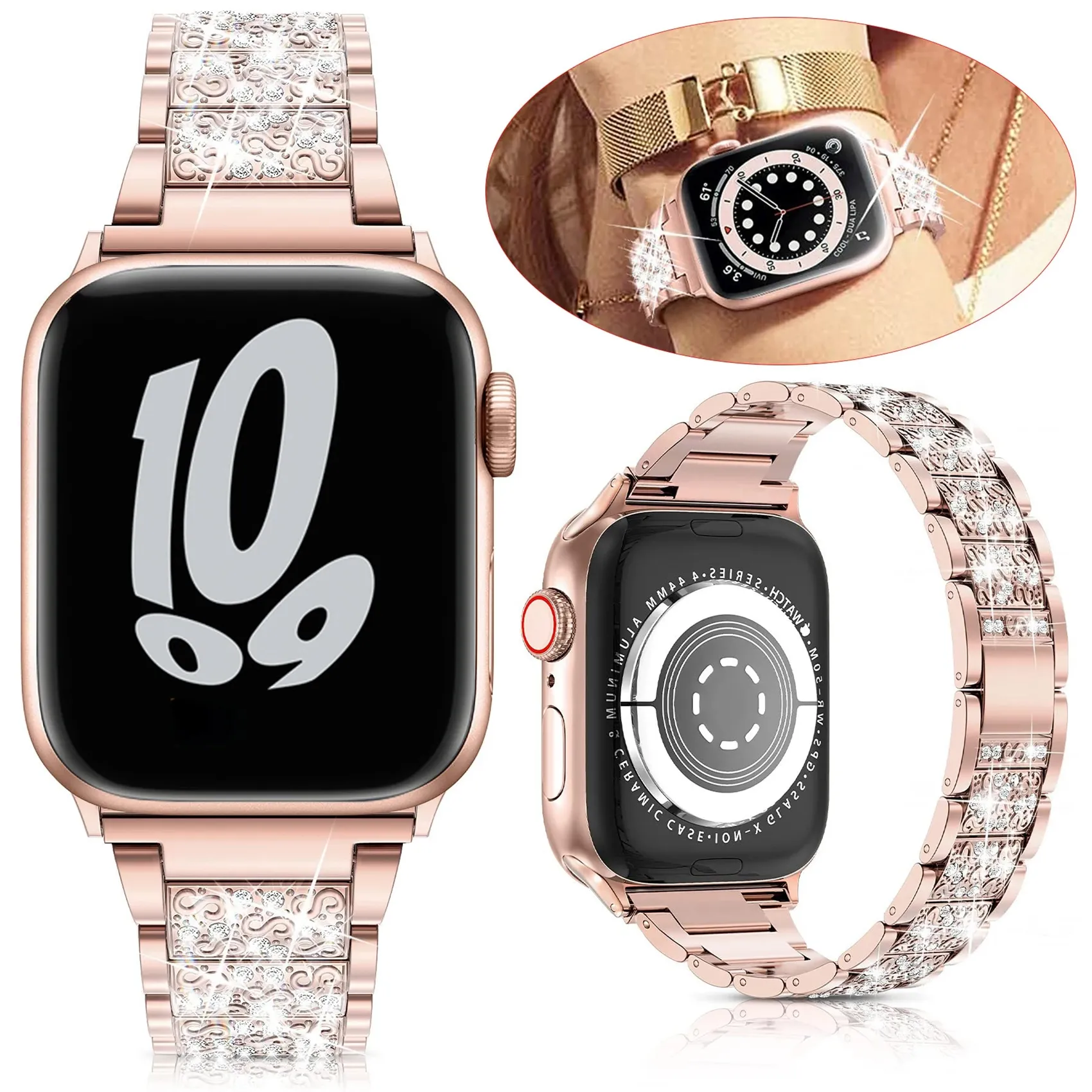 Alças de pulseira de luxo para Apple Watch Ultra 49mm Banda 8 41mm 45mm 40/44mm 38/42mm Mulheres Bandas de diamante Fit iWatch Series 7 6 SE 5 4 3 2 1 Pulseira de aço inoxidável