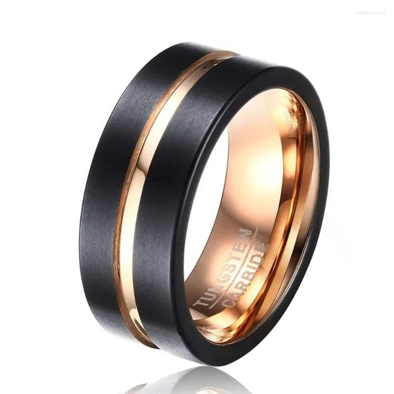 Обручальные кольца Мужчина 8 мм черное вольфрамовое кольцо с розовым золотом.